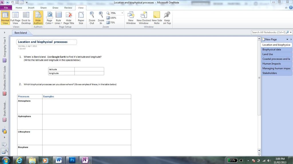 The first page in the OneNote book for a field study site.